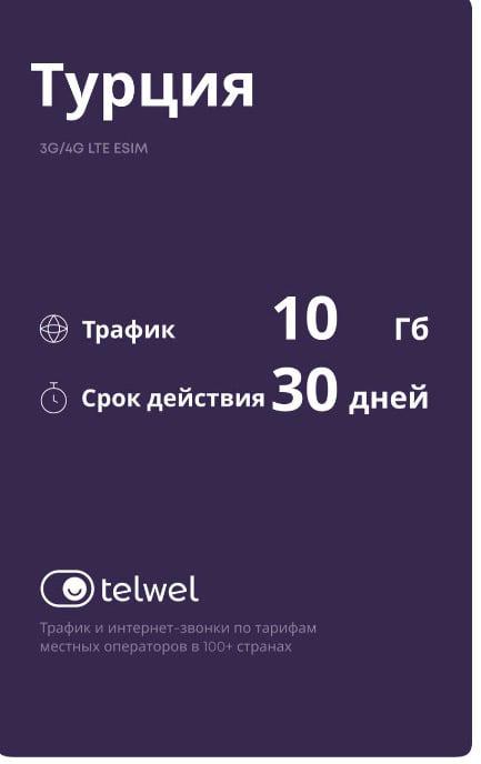 eSIM Telwel пакет Турция 10Гб 30 дней